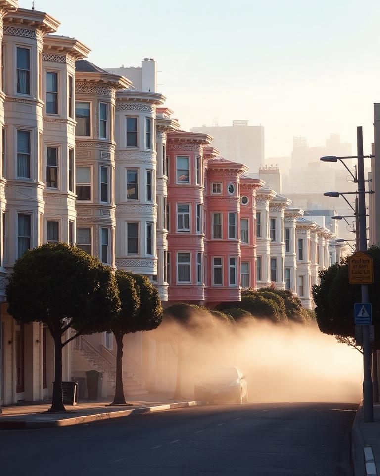 Sunset neighborhood street scene
