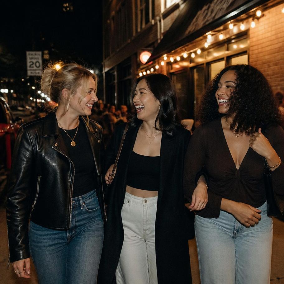 Three women walking and laughing outside a restaurant
