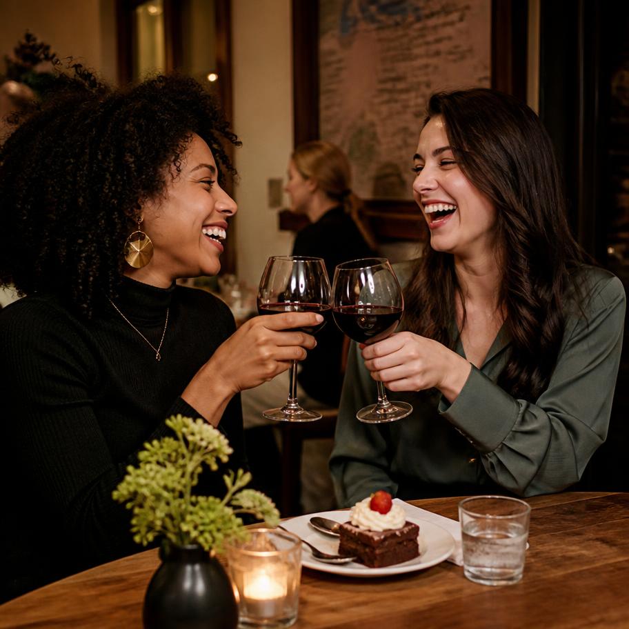 Two women toasting wine glasses over dessert